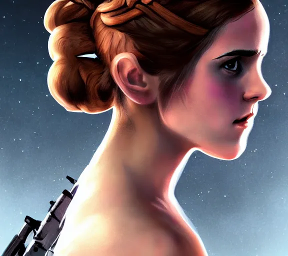 Image similar to photography of a sensual emma watson dressed like princess leia slave girl outfit star wars, deep focus, intricate, elegant, highly detailed, digital painting, artstation, concept art, matte, sharp focus, illustration