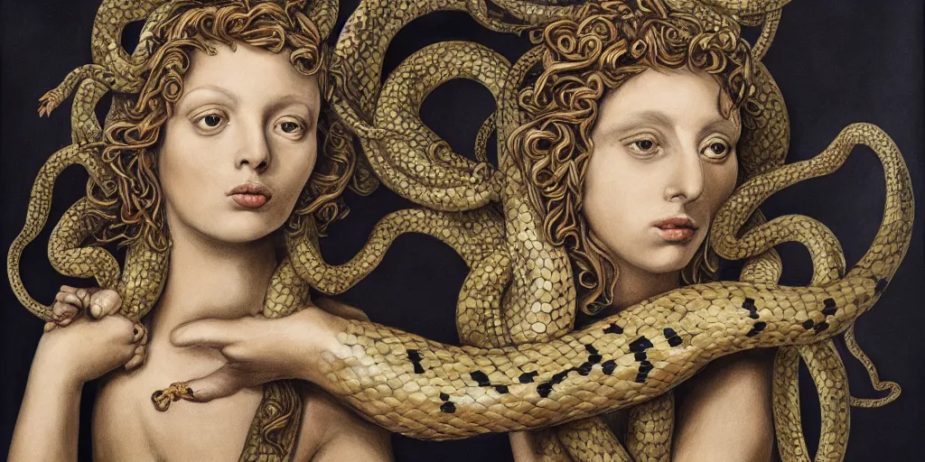 Image similar to realistic portrait of medusa with her snakes, golden, delicate, hyper realism, 1 4 5 0, ink, ultra realistic, 8 k