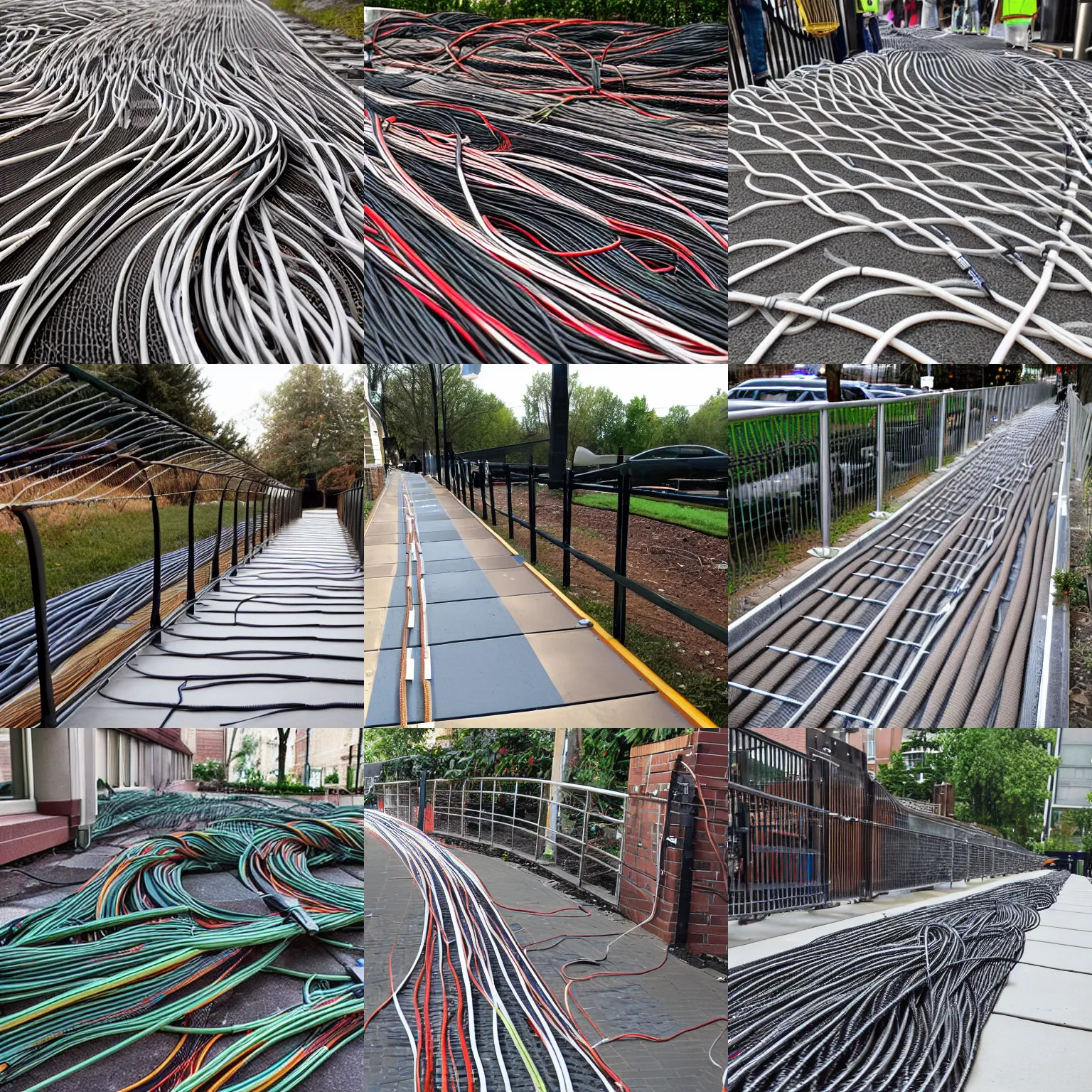 Prompt: way too many bundles of cables laying across a walkway