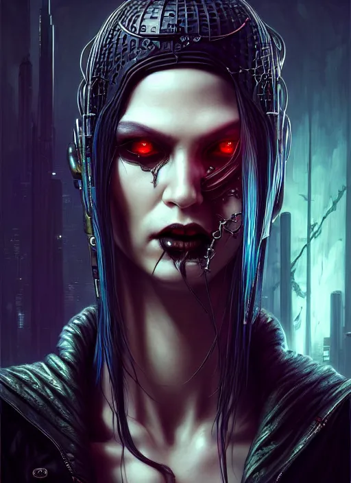 Prompt: portrait shot of a cyberpunk vampire in a scenic dystopian environment, intricate, elegant, highly detailed, centered, digital painting, artstation, concept art, smooth, sharp focus, illustration, artgerm, tomasz alen kopera, peter mohrbacher, donato giancola, joseph christian leyendecker, wlop, boris vallejo