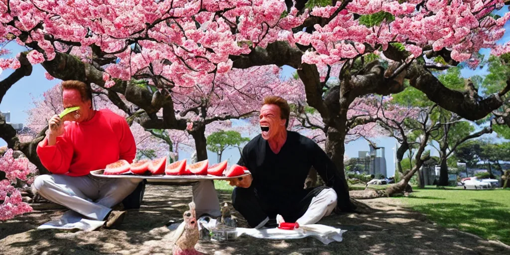 Image similar to photo, arnold schwarzenegger eats watermelon, japanese kimono, under sakura tree