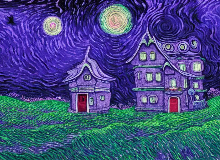 Image similar to detailed painting of a mysterious house inside a giant purple mushroom, mystical dark purple alien landscape at night, dark purple sky, blue bioluminescent life, in the style of studio ghibli and vincent van gogh and claude monet