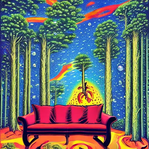 Prompt: psychedelic trippy couch pine forest, planets, milky way, sofa, cartoon by rob gonsalves