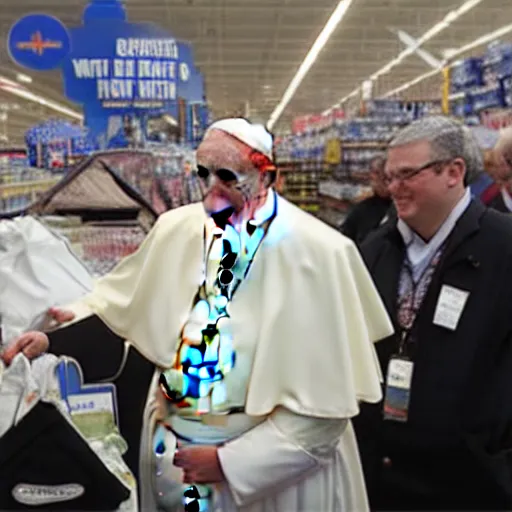 Prompt: Pope Francis at Walmart wearing a maid uniform, very highly detailed, photorealistic