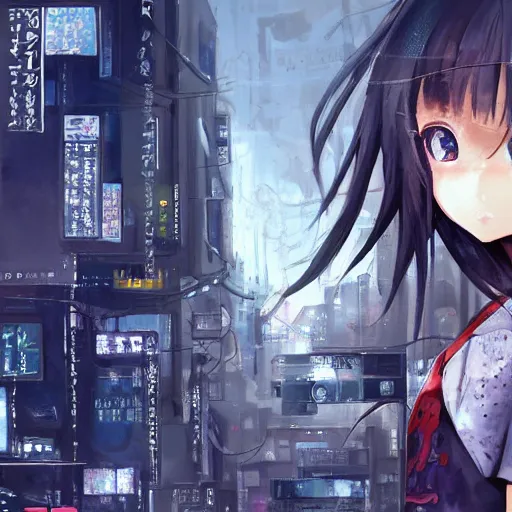 Image similar to dynamic composition, motion, ultra-detailed, incredibly detailed, a lot of details, amazing fine details and brush strokes, colorful and grayish palette, smooth, HD semirealistic anime CG concept art digital painting, watercolor oil painting of Clean and detailed post-cyberpunk sci-fi close-up schoolgirl in asian city in style of cytus and deemo, blue flame, relaxing, calm and mysterious vibes,, by a Chinese artist at ArtStation, by Huang Guangjian, Fenghua Zhong, Ruan Jia, Xin Jin and Wei Chang. Realistic artwork of a Chinese videogame, gradients, gentle an harmonic grayish colors. set in half-life 2, Matrix, GITS, Blade Runner, Neotokyo Source, Syndicate(2012), dynamic composition, beautiful with eerie vibes, very inspirational, very stylish, with gradients, surrealistic, dystopia, postapocalyptic vibes, depth of field, mist, rich cinematic atmosphere, perfect digital art, mystical journey in strange world