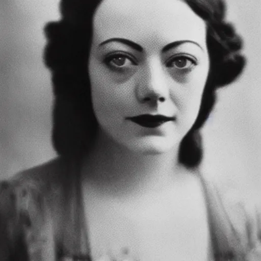 Image similar to headshot photograph of emma stone, edwardian, 1 9 2 0 s film actress, realistic face, ethereal, 1 9 1 0 s, grainy, victorian, soft blur