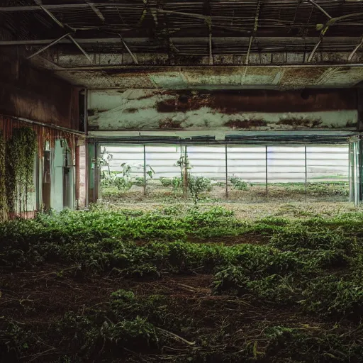 Prompt: a farm inside an abandoned car parking building, concrete, overgrown plants, giant neon sign, photo by greg girard, dark, cinematic, volumetric light