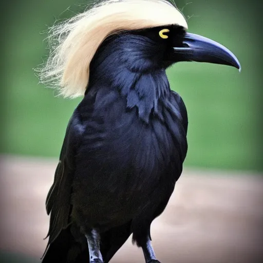 Image similar to a photo of a crow wearing a wig of luxurious, long blonde hair. the crow looks fabulous and she knows it.