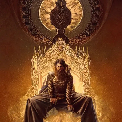 Prompt: Messi sitting on a majestic throne, closeup, D&D style, fantasy, intricate, elegant, highly detailed, digital painting, artstation, concept art, matte, sharp focus, illustration, art by Artgerm and Greg Rutkowski and Alphonse Mucha