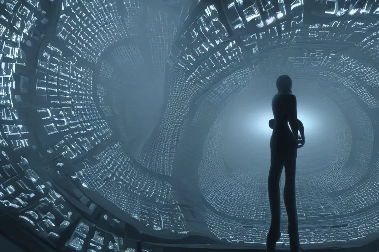 Image similar to a complex organic fractal 3 d ceramic humanoid megastructure, cinematic shot, foggy, photo still from movie by denis villeneuve