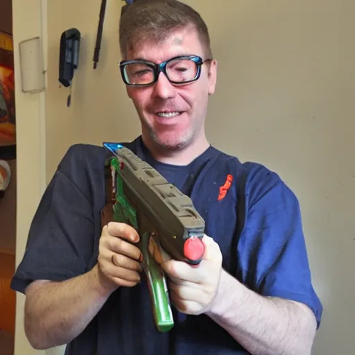 Prompt: forgottenweapons ian mccollum displays the gummy blaster