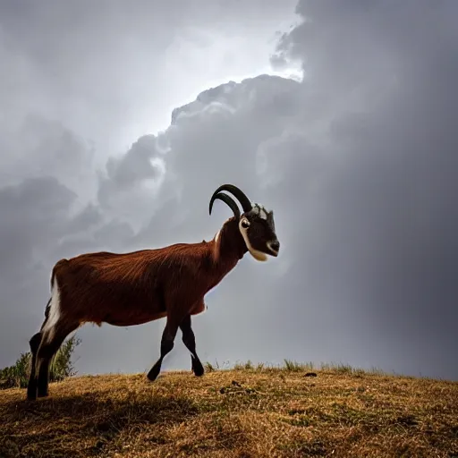 Prompt: a goat standing on a storm cloud