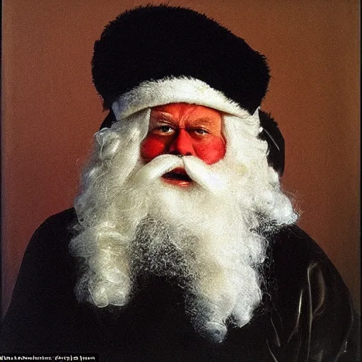 Image similar to Angry Father Christmas police mugshot Painted by Caravaggio