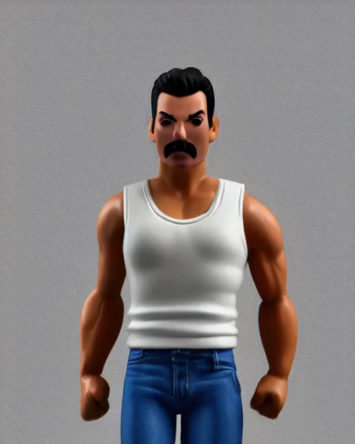 Image similar to 3 d render of freddie mercury, white sleeveless tank top blue jeans as a funko pop!, four, studio lighting, white background, single body, no shadow, blender, trending on artstation, 8 k, highly detailed