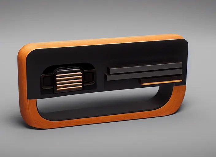 Image similar to retro futurist design of a console by nintendo, black bakelite, wooden casing, aluminium