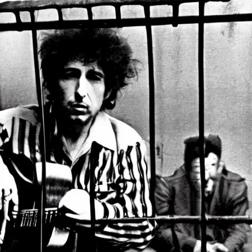 Prompt: bob dylan in a small cage, surrounded by other caged animals, photograph