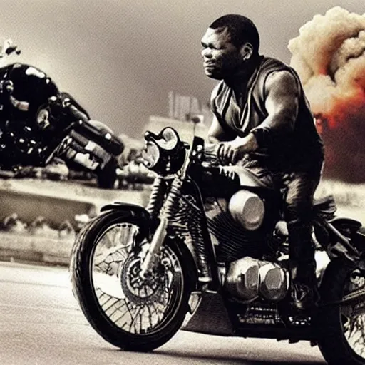 Prompt: mike tyson riding a motorcycle, explosion in background