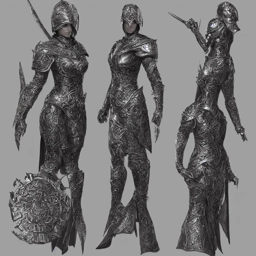 Prompt: concept layout of 3 d rendered suit of decorative female armor, filigree, lord of the rings, elder scrolls, detailed, art station, unreal engine