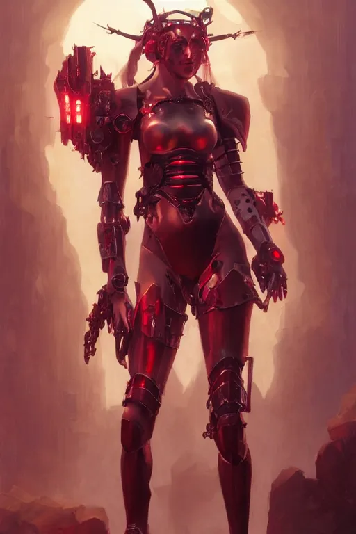 Image similar to Portrait of beautiful pale smiling cyborg maiden in bikini armor with crown of thorns and glowing red eyes, cyberpunc, Warhammer 40000, digital art from artstation by Ruan Jia and Mandy Jurgens and Artgerm and william-adolphe bouguereau