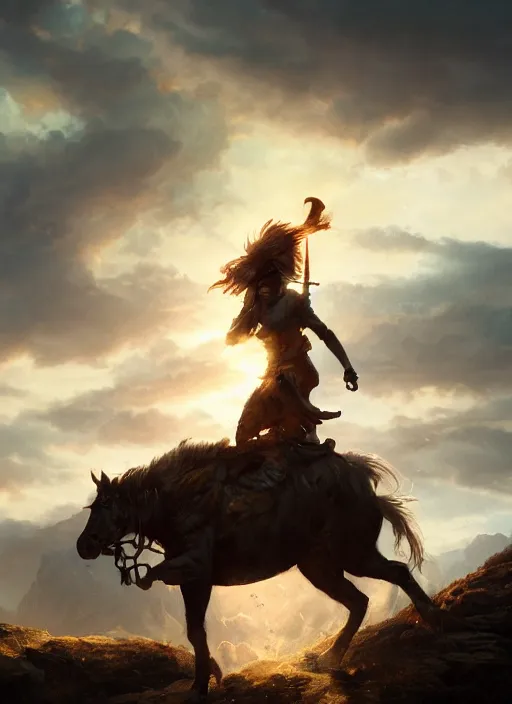 Prompt: warrior queen riding steed alongmountain ridge, silhouetted, backlit, epic atmosphere, in the style of greg rutkowski, artstation,