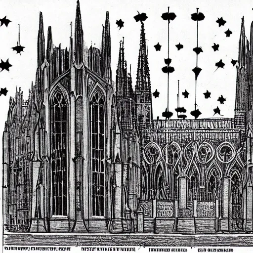 Prompt: a gothic cathedral crossed with a battleship flying through space with laser cannons and rocket engines