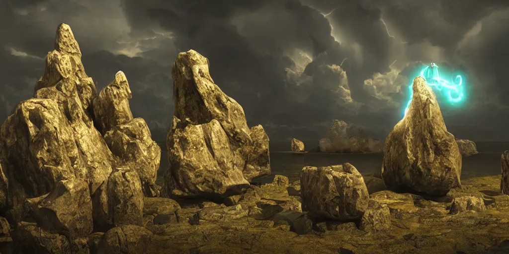 Prompt: Photorealistic strange dark monks perform a magical occult ritual, in an epic landscape with magical illuminated symbols floating above them. Magically floating rocks, with ominous storm clouds, strange levitating stones, stones falling from the sky, a gentle rising mist. occult photorealism, UHD, amazing depth, glowing, golden ratio, 3D octane cycle unreal engine 5, volumetric lighting, cinematic lighting, cgstation artstation concept art