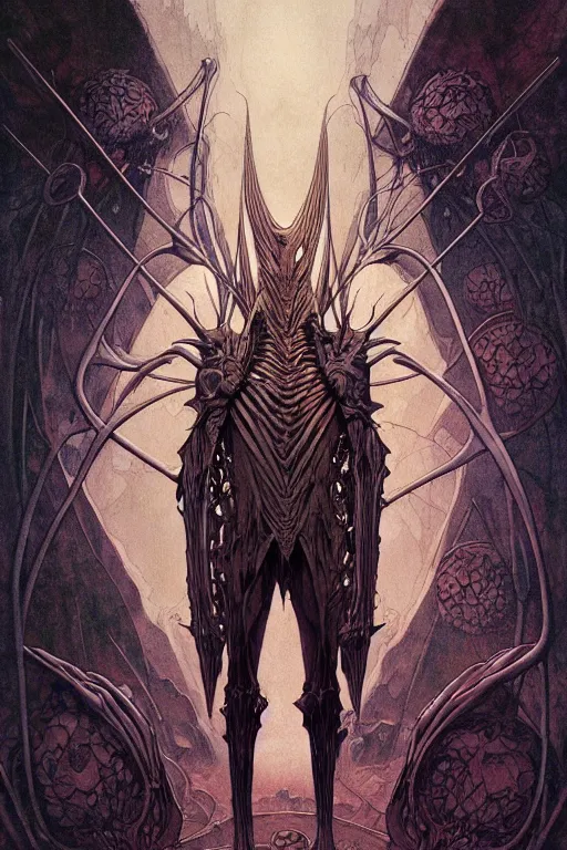 Image similar to artgerm, joshua middleton, mucha, beksinski, moebius, heavy metal comic cover art, psychedelic triangular skeletal calcification fungus lich in darkiron spike armor, full body, hollow eyes, symmetrical face, long black crown, in a dungeon background, moody dark colors