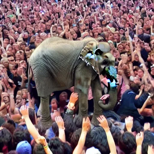 Image similar to an elephant lying on the side while crowd surfing, concert photo