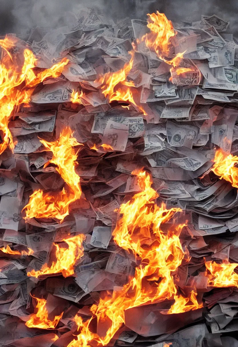 Image similar to an infinite recursion bank burning, some bills float in the air