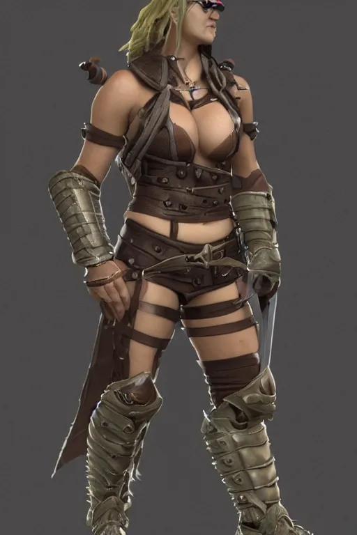 Prompt: gender : female, race : orc, job : bounty hunter, weapon : katana, clothes : leather armor, accessories : goggles, body type : strong hair style : wavy, concept art, trending on artstation 3 d.