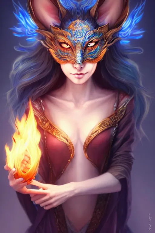 Prompt: gorgeous!!! hyper - realstic sorceress with a kitsune mask, holding a tattered magical book, casting a flame spell, blue flames | drawn by wlop, drawn by jeehyung lee, drawn by artgerm | fantasy, dark, intricate, highly detailed, digital painting, character design, concept art, illustration, artstation