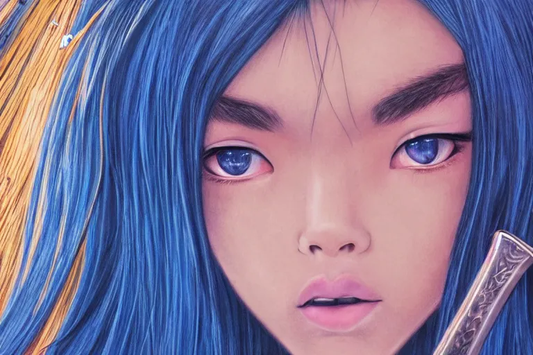 Image similar to highly detailed beautiful photo of madison beer as a young female samurai, practising her sword staces, symmetrical face, beautiful eyes, cobalt blue hair, realistic anime art style, 8 k, award winning photo, pastels colours, action photography, 1 / 1 2 5 shutter speed, sunrise lighting