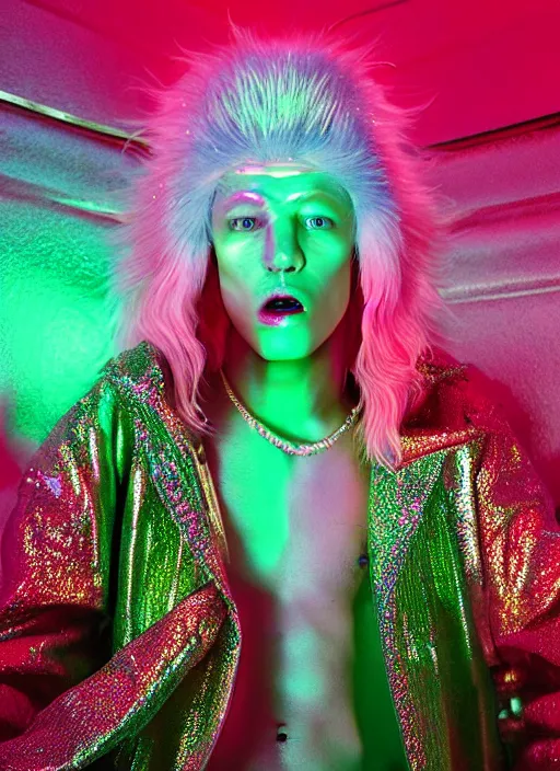 Prompt: photo of baroque and bladerunner delicate neon diamond sculpture of ceramic seductive albino prince xavier serrano delicious tongue sticking out, creamy pink iridescent humanoid deity wearing red furry hoody holding diamond skull in a green metallic dungeon, reclining, glowing rainbow face, crown of white diamonds, cinematic lighting, photorealistic, octane render 8 k depth of field 3 d
