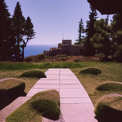 Image similar to castle designed by renzo piano overlooking big sur. landscape design by andre le notre. fujinon premista 1 9 - 4 5 mm t 2. 9. portra 8 0 0. w 1 0 8 8