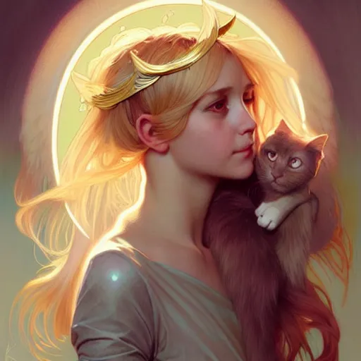 Image similar to Portrait of a girl angel with blonde hair, cat ears, glowing halo, wings, fantasy, intricate, elegant, highly detailed, digital painting, artstation, concept art, smooth, sharp focus, illustration, art by Krenz Cushart and Artem Demura and alphonse mucha