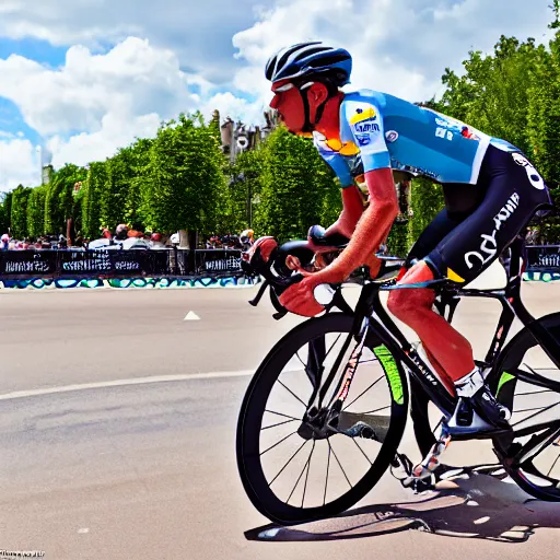 Prompt: modern road bicycle made from bacon, ridden at the champs elysees at the tour de france, high detail sports photography