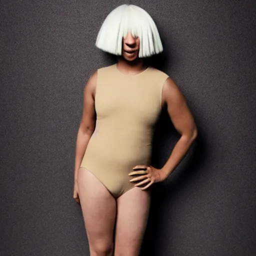 Image similar to sia furler wearing a skin colored leotard full body artistic photoshoot