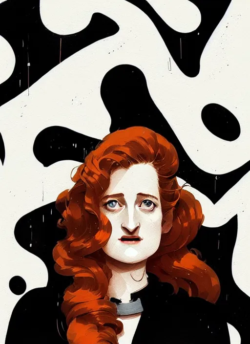 Image similar to highly detailed closeup portrait of beautiful grace gummer as dom dipierro, wavy ginger hair, black dress, by atey ghailan, by greg rutkowski, by greg tocchini, by james gilleard, by joe fenton, by kaethe butcher, gradient orange, black and white color scheme, grunge aesthetic!!! ( ( graffiti tag wall background ) )