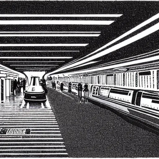 Prompt: a linocut print of a retro 70s sci-fi underground train station by Syd Mead and Gail Brodholt