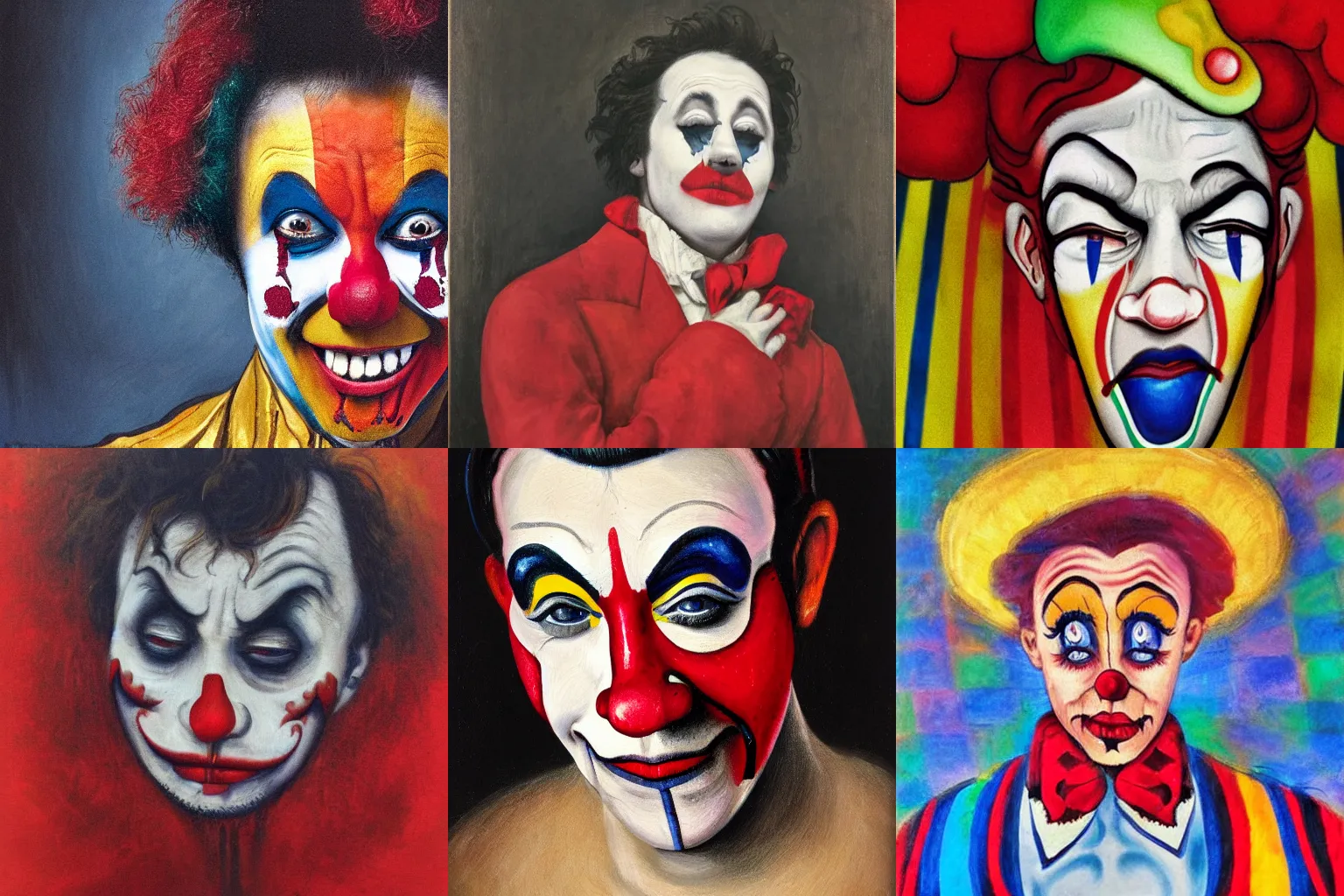 Prompt: A masterpiece head and shoulders portrait of a circus clown crying tears of red blood