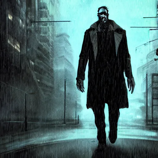 Prompt: frankenstein's monster wearing a trench coat on a wet nighttime street, cyberpunk, synthwave, trending on art station, trending on deviantart, 8 k resolution, epic digital art