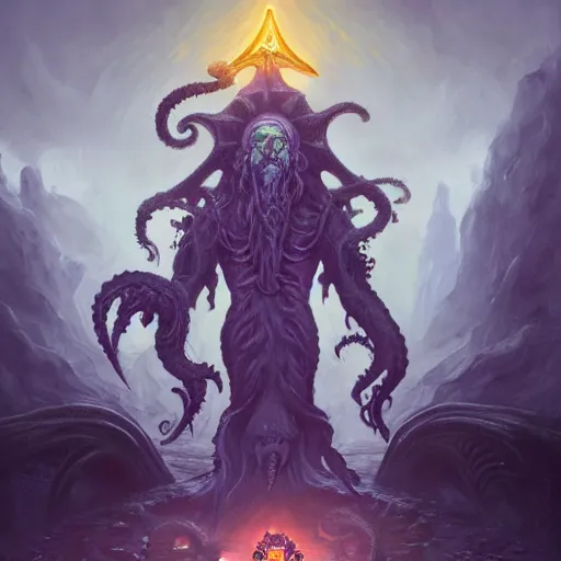 Prompt: portrait of necromancer priest in an invoking ritual in front of a giant cthulhu in a large landscape, intricate, elegant, glowing lights, highly detailed, digital painting, artstation, concept art, smooth, sharp focus, illustration