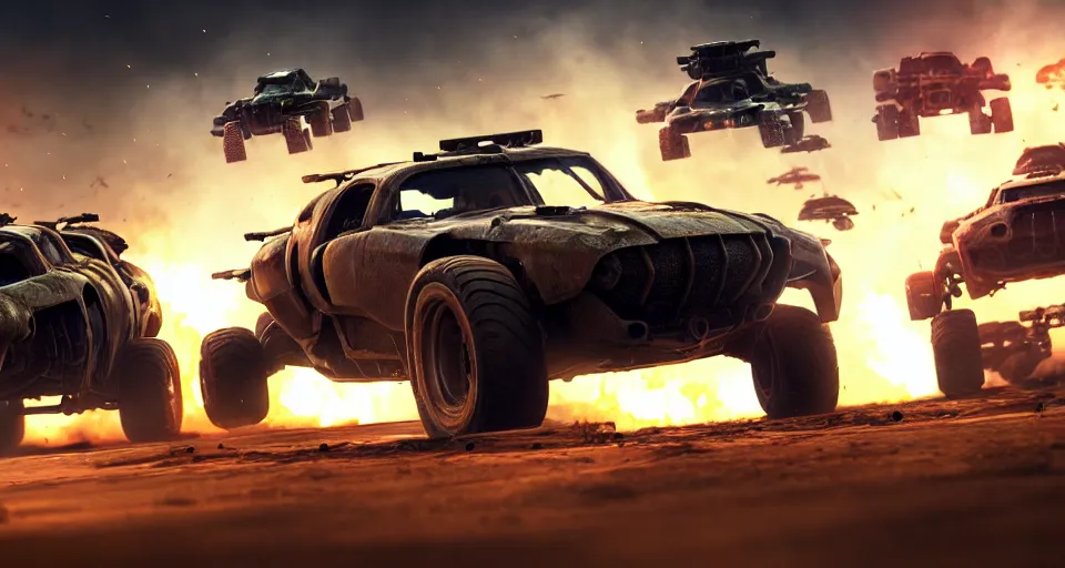 Image similar to macro closeup photo of halo warthogs being chased in a post apocalyptic city, 3 pm, smoke, dust, embers, mad max, action, speed, rocket league, volumetric lighting, hdr, need for speed, gta 5, ridley scott, syd mead, craig mullins, cinematic, octane