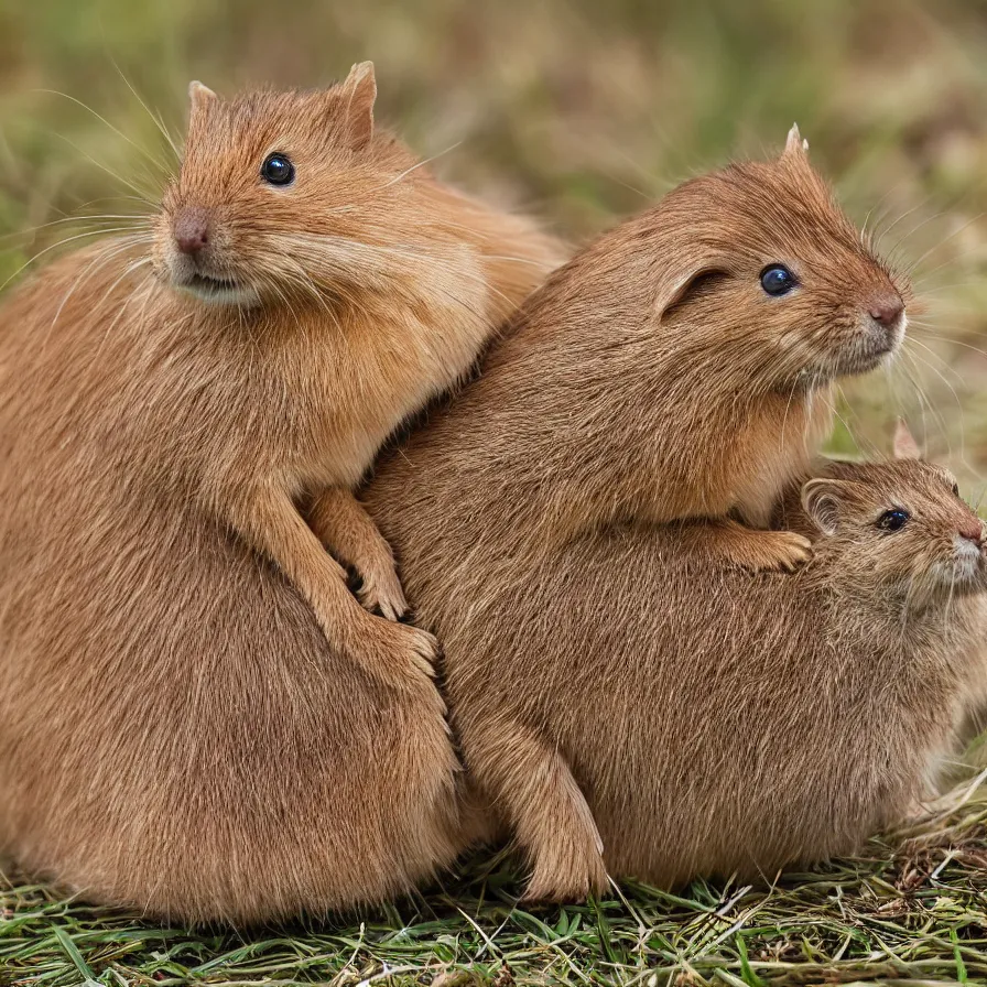 Image similar to a harvest mouse sitting on top of a cat sitting on top of a capybara, high definition, national geographic, award winning, god rays, 8k, 35mm wide angle photograph