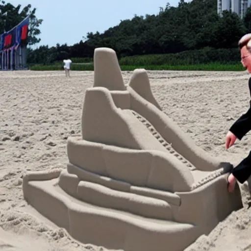 Image similar to kim jong un building sandcastle at the beach