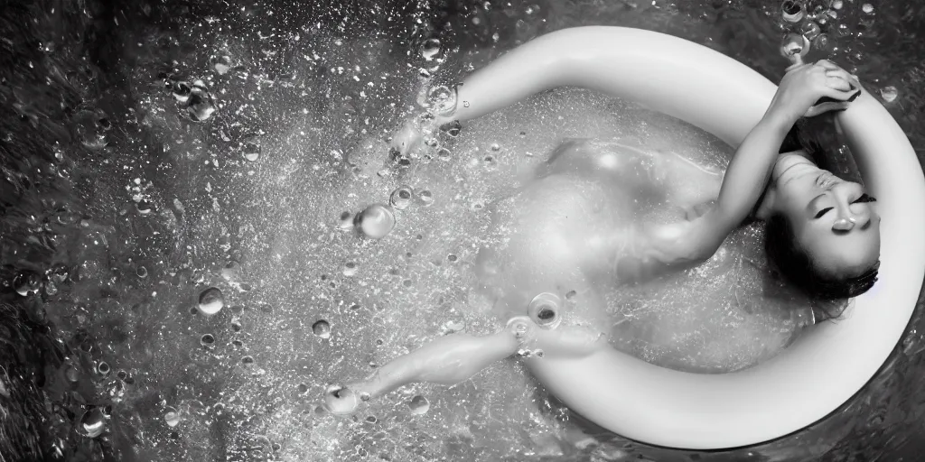 Prompt: photography of a top model, through the water in a bathtub, with some bubbles, top shot, seen from above