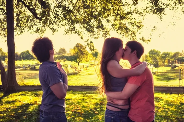 Image similar to girl kiss man, poster, ultra realistic!!!, hdr, clear weather, golden hour, sharp focus