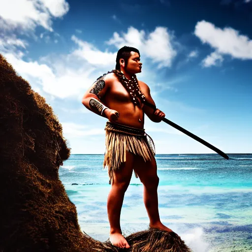 Image similar to a pacific islander warrior on a canoue, 4 k, hyper realistic, dslr, high resolution, landscape, beautiful