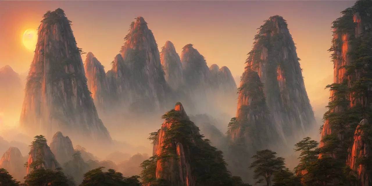 Prompt: sunset over misty huangshan's temples, artwork by greg rutkowski