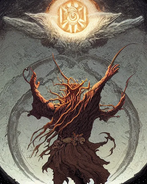 Image similar to a druid standing in a circle at the beginning of the world by dan mumford and greg rutkowski and frank frazetta and peter mohrbacher and william blake